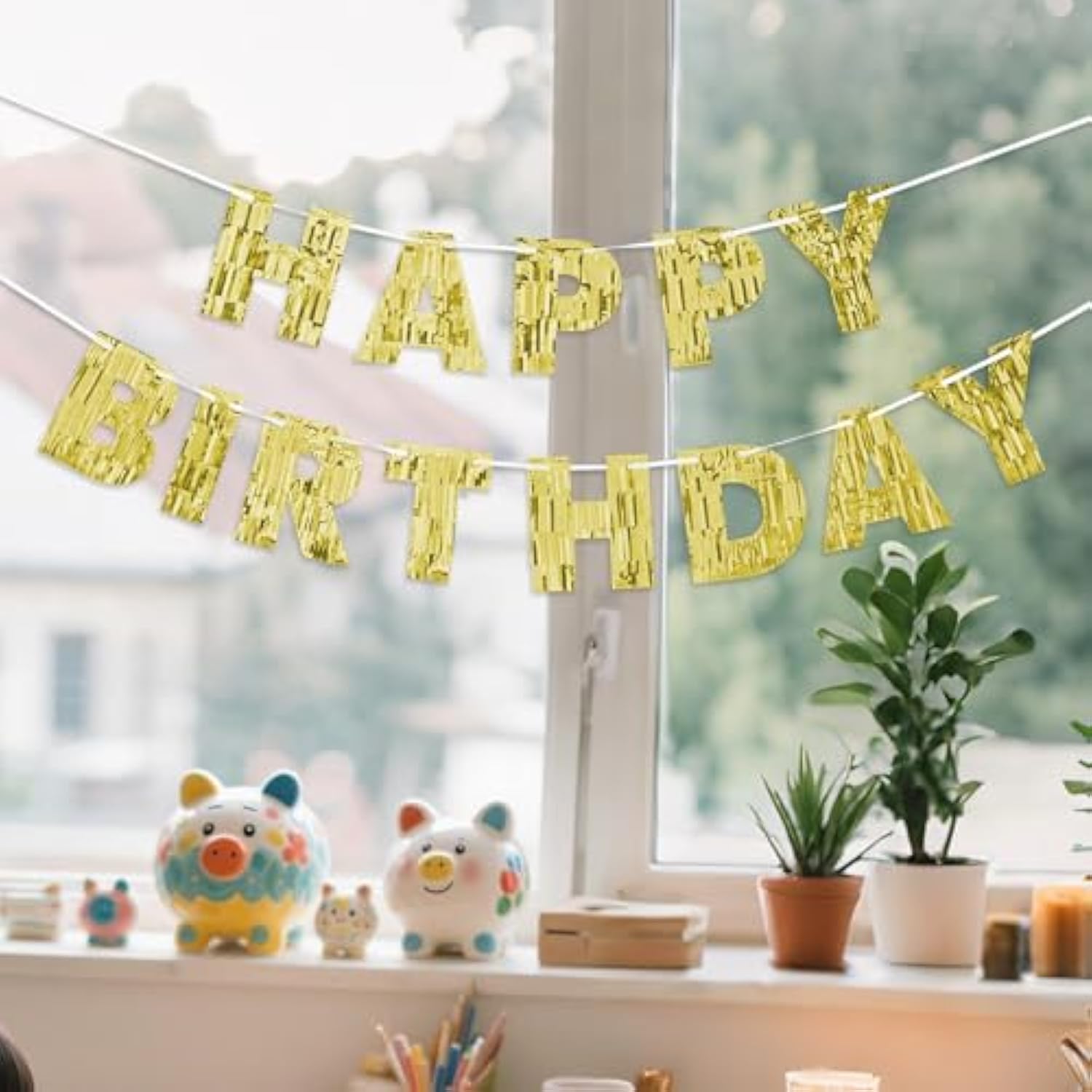 Gold Happy Birthday Banner 9ft — Pre-Strung Glitter Foil Party Garland