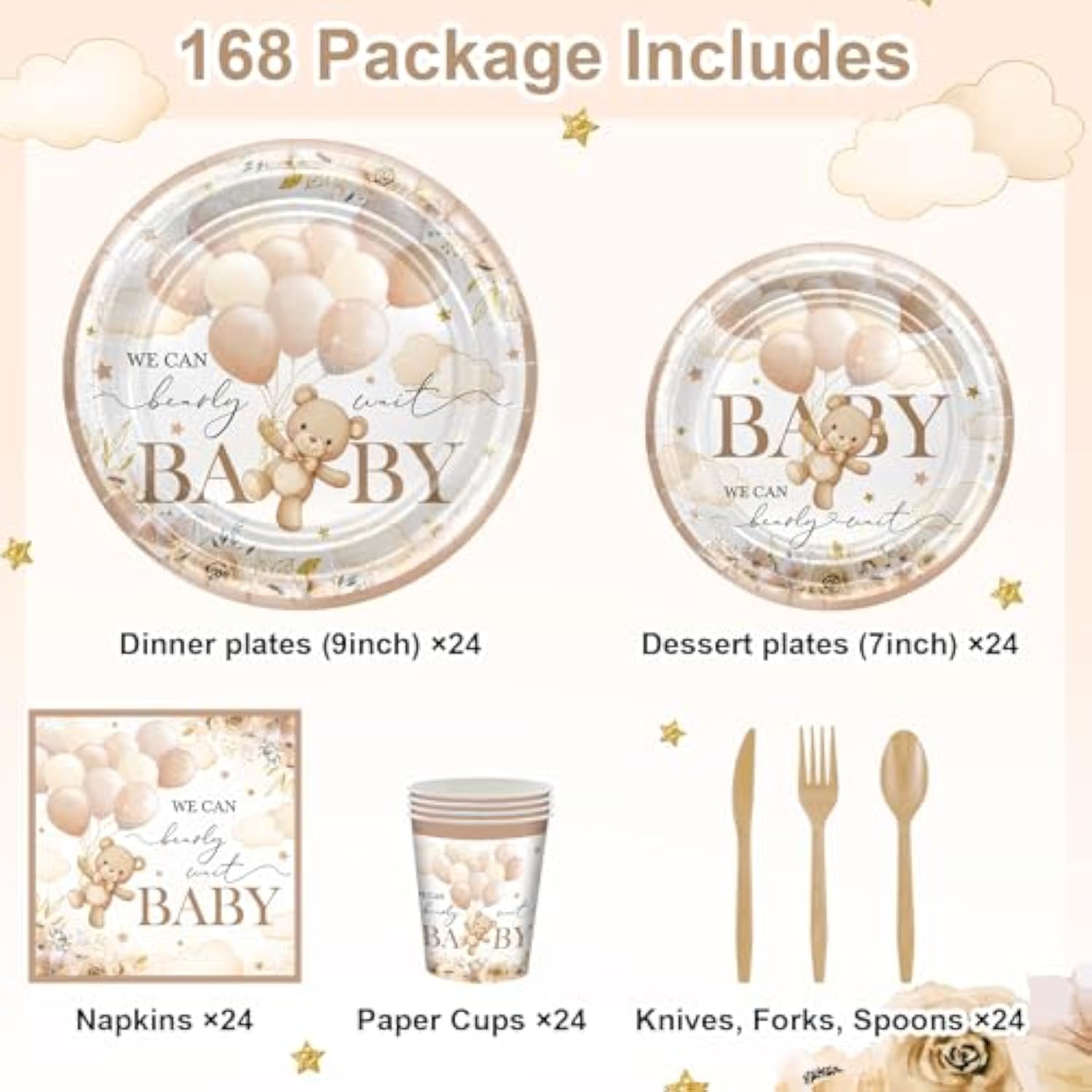 168 Pcs Bear Baby Shower Decorations Brown Bear Plates Napkins Tableware Set We Can Bearly Wait Baby Shower Supplies, Serves 24