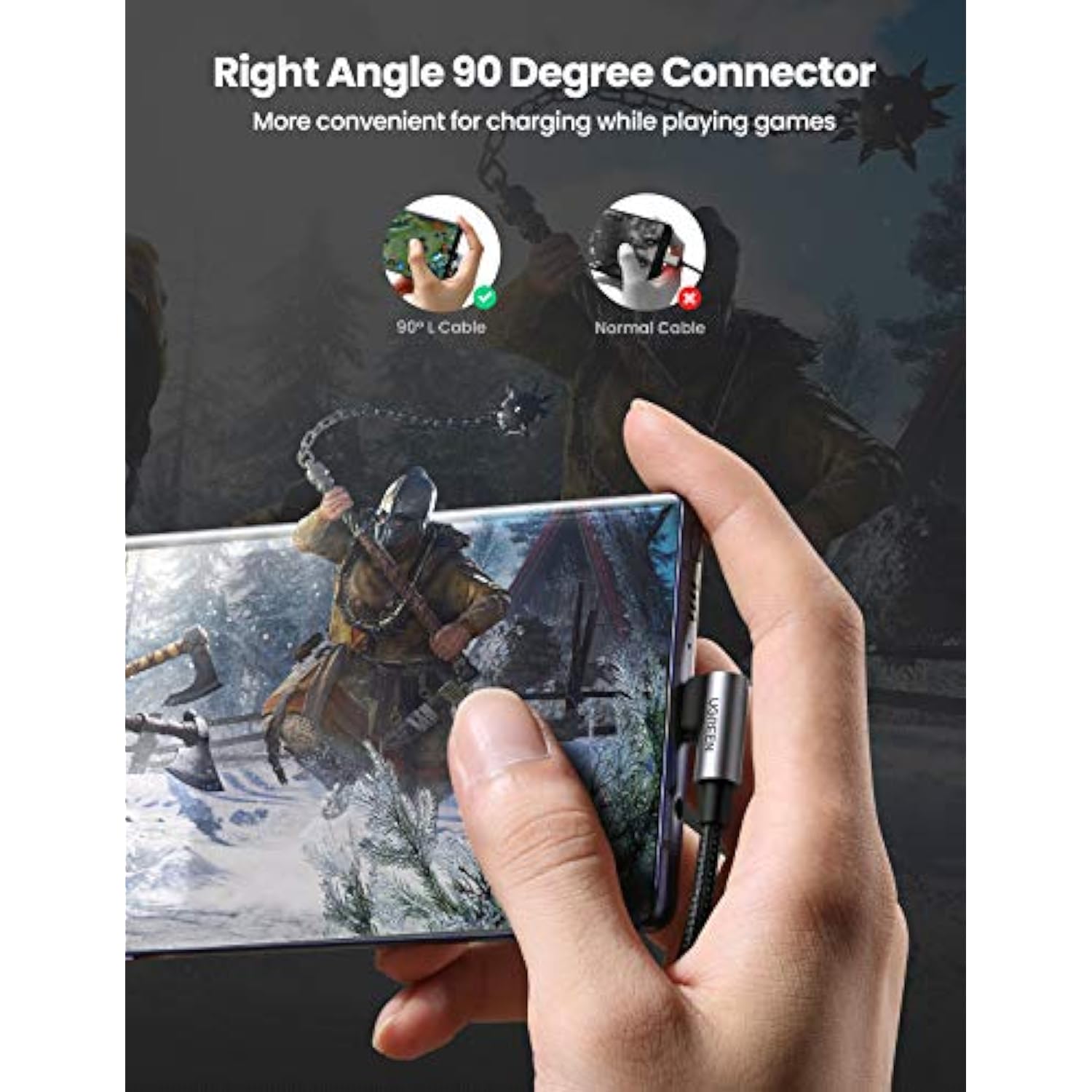 UGREEN USB to USB C Cable 90 Degree USB C Fast Charging Cord Compatible with iPhone 16/16 Plus/16 Pro/16 Pro Max/15/Samsung Galaxy S10/S10+/Pixel 7/6a/LG G8/G7/Pixel/Switch, etc, 1.6FT