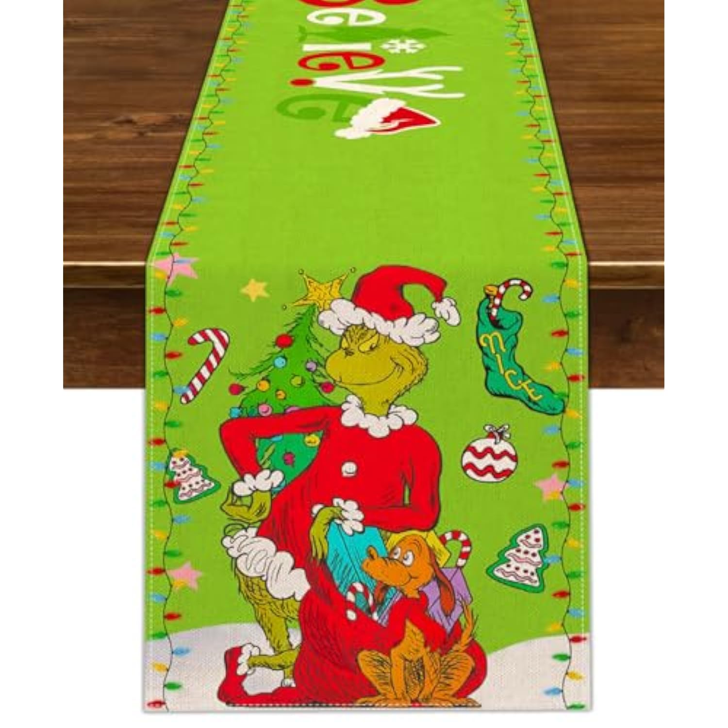 Merry Christmas Table Runner Xmas Winter Holiday Believe Theme Party Decoration Green Elf Home Kitchen Dining Room Decor 72Inches Long