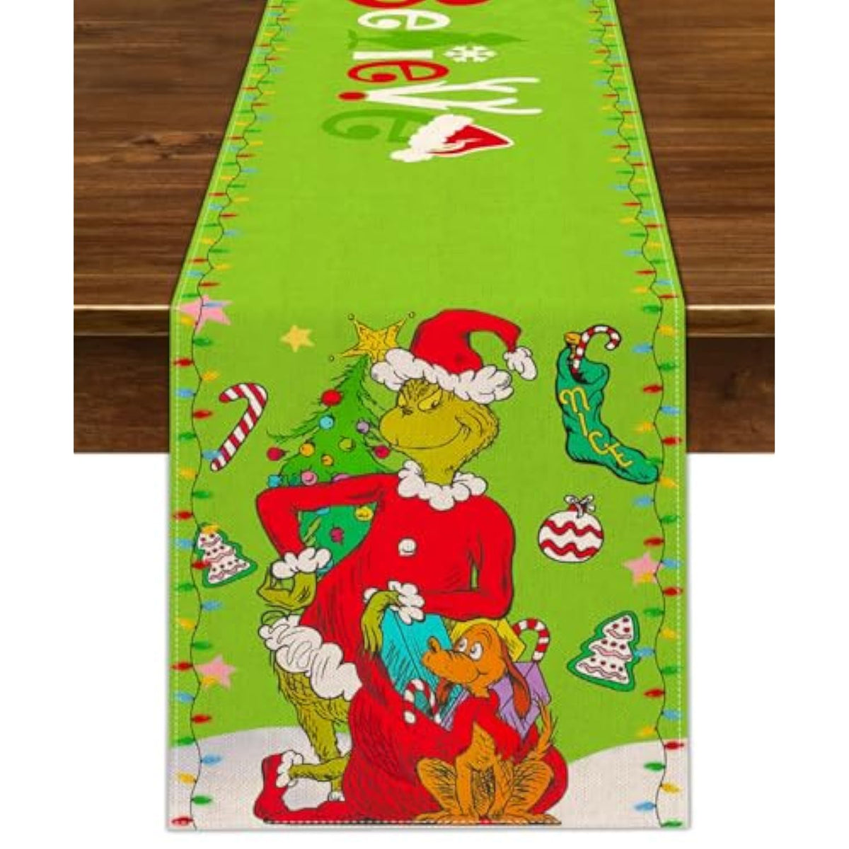 Merry Christmas Table Runner Xmas Winter Holiday Believe Theme Party Decoration Green Elf Home Kitchen Dining Room Decor 72Inches Long