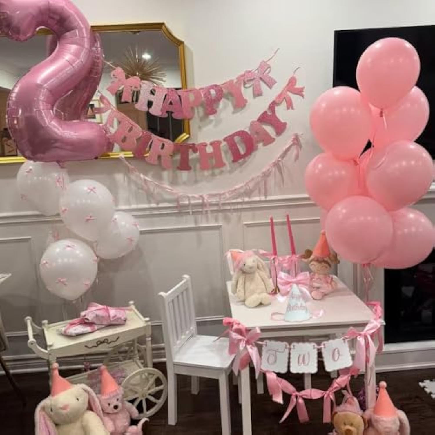 2Nd Birthday Decorations For Girl Pink Bow Two High Chair Banner With Cone Hat For Girl Bow Themed 2Nd Birthday Party Decorations