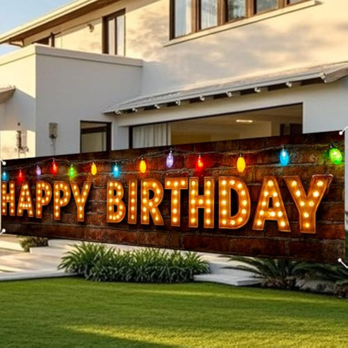 Happy Birthday Yard Banner - 78.7X17.7 Inch Brick Wall With Colorful String Lights,Happy Birthday Yard Design, Outdoor/Indoor Giant Birthday Sign
