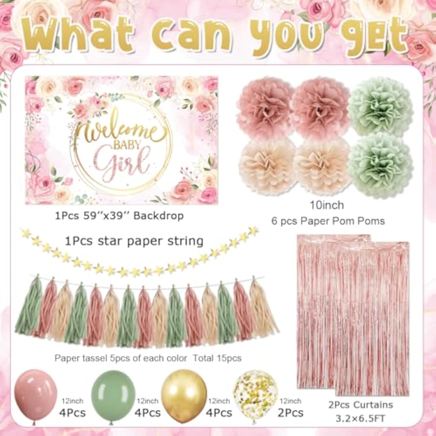 Dusty Pink And Sage Green Baby Shower Decorations Welcome Baby Girl Floral Backdrop Retro Pink Sage Green Gold Balloons Dusty Rose Pompoms Tassel Garland For Girl Birthday Baby Shower Decor