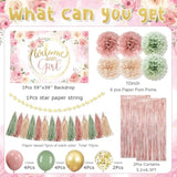 Dusty Pink And Sage Green Baby Shower Decorations Welcome Baby Girl Floral Backdrop Retro Pink Sage Green Gold Balloons Dusty Rose Pompoms Tassel Garland For Girl Birthday Baby Shower Decor