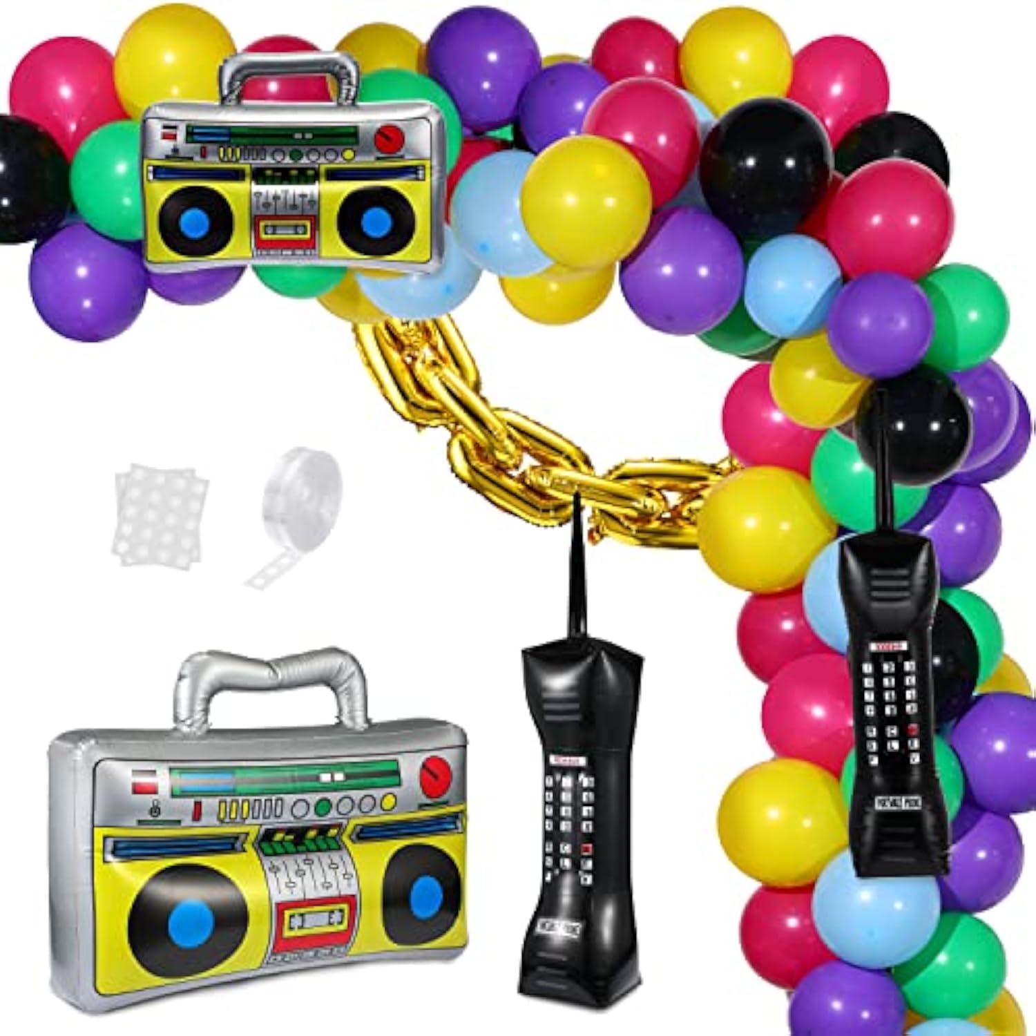90S 80S Theme Party Balloons Backdrop Decorations Include Inflatable Boom Box Inflatable Retro Mobile Phone Gold Chain Balloons Garland Kit For Back To 90S 80S Party For Birthday Decor