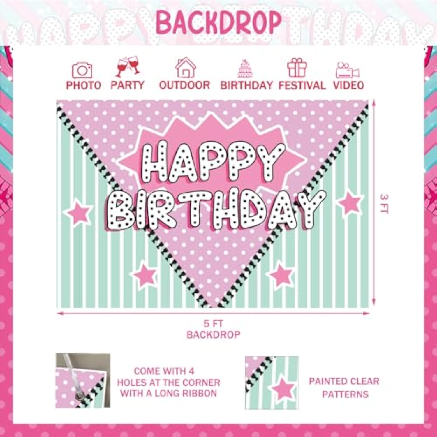 108 Pcs Surprise Birthday Party Decorations, Doll Themed Cartoon Birthday Party Decorations Backdrop Balloon Garland Arch Banner Cake Cupcake Topper Star Bow Tie Spot Pink Teal Blue