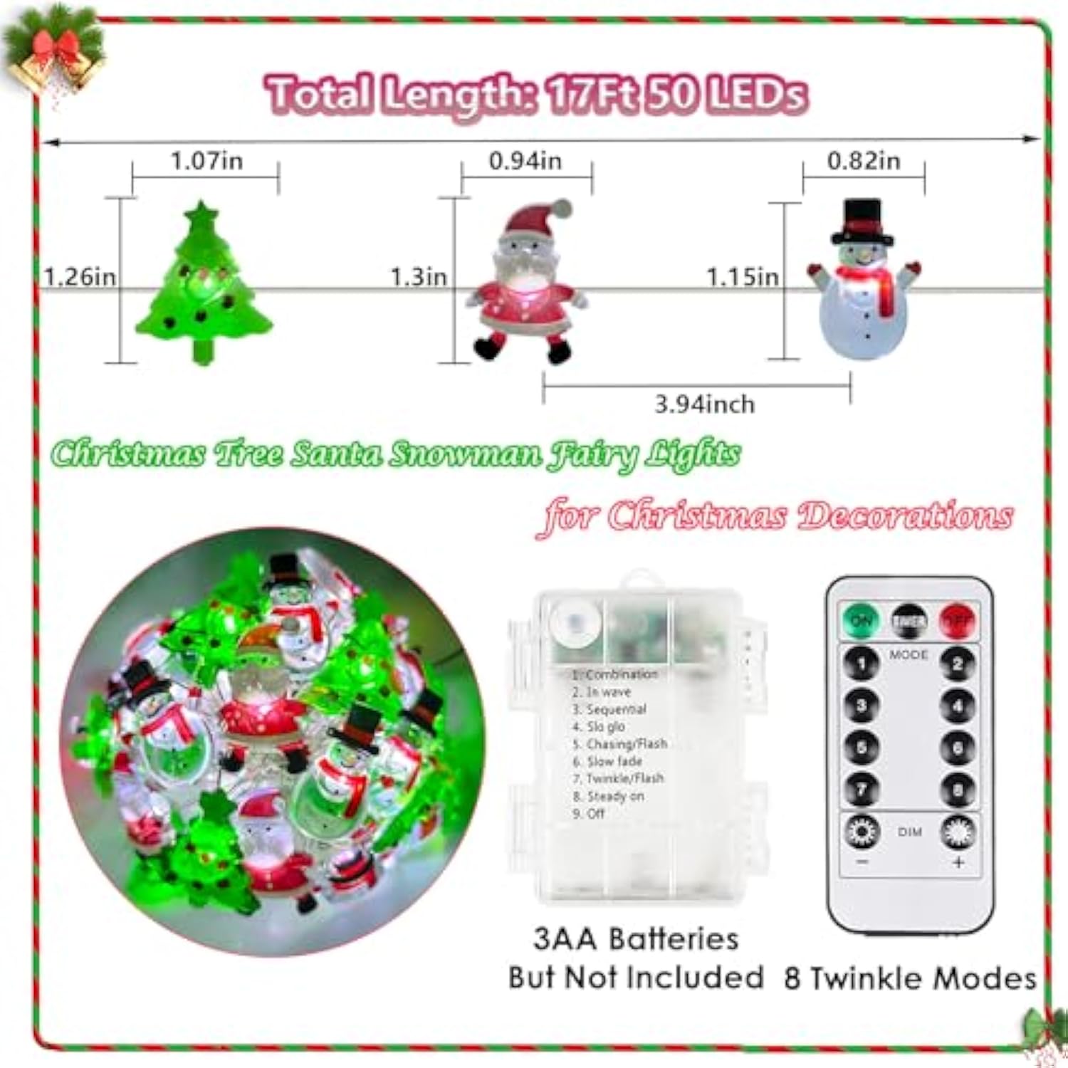 Christmas Lights Decorations Battery Operated, 17Ft 50 Led Christmas Tree Santa Snowman String Lights With Timer, Xmas F