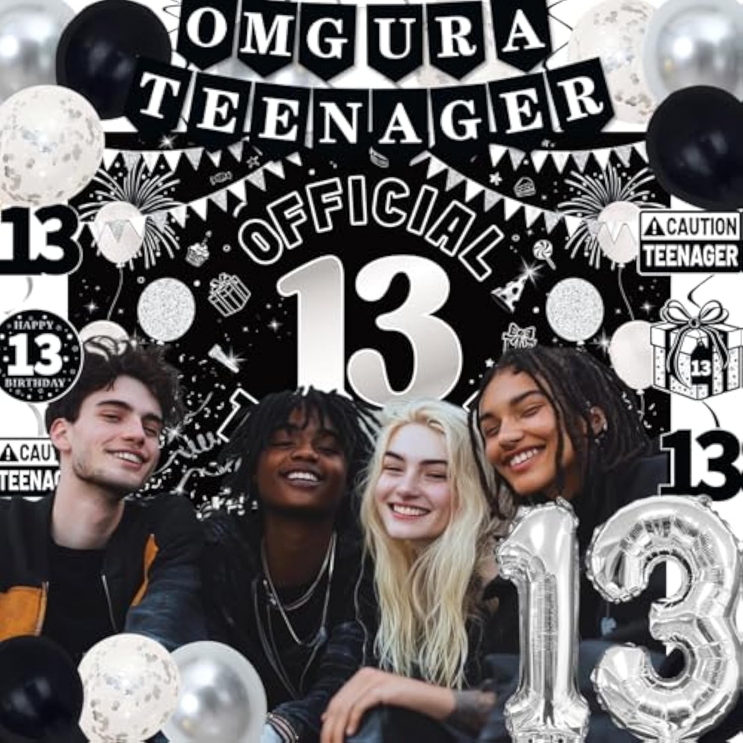 13Th Birthday Decorations For Boys Girls, Black White Omg Ur A Teenager Birthday Party Decorations, Official 13 Teenager Backdrop, 13 Foil Balloons, Banner, Balloons, Hanging Swirl, Birthday Card Set