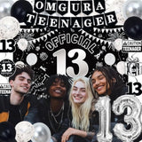 13Th Birthday Decorations For Boys Girls, Black White Omg Ur A Teenager Birthday Party Decorations, Official 13 Teenager Backdrop, 13 Foil Balloons, Banner, Balloons, Hanging Swirl, Birthday Card Set