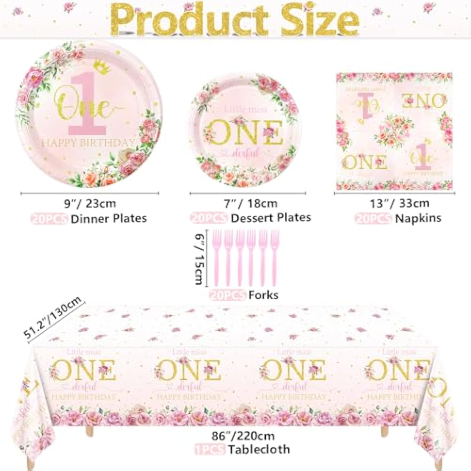 81pcs Floral 1st Birthday Set for 20 Guests with Plates, Napkins & Tableware