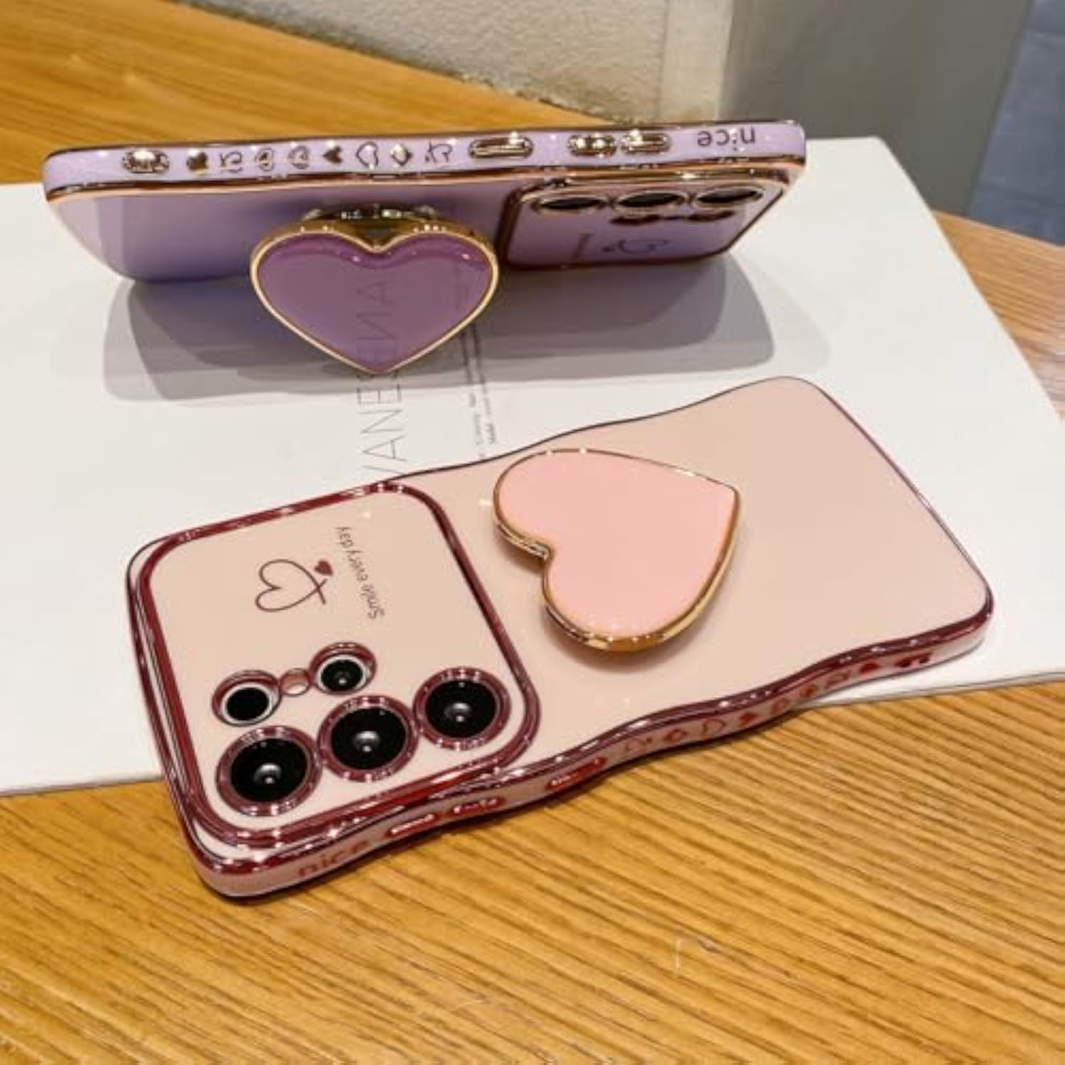 Luxury White Plating Love-Heart Kickstand Phone Case for Samsung Galaxy S26 Ultra, Curly Shape Raised Camera Shockproof TPU Protective Cover with Holder for Women Girls