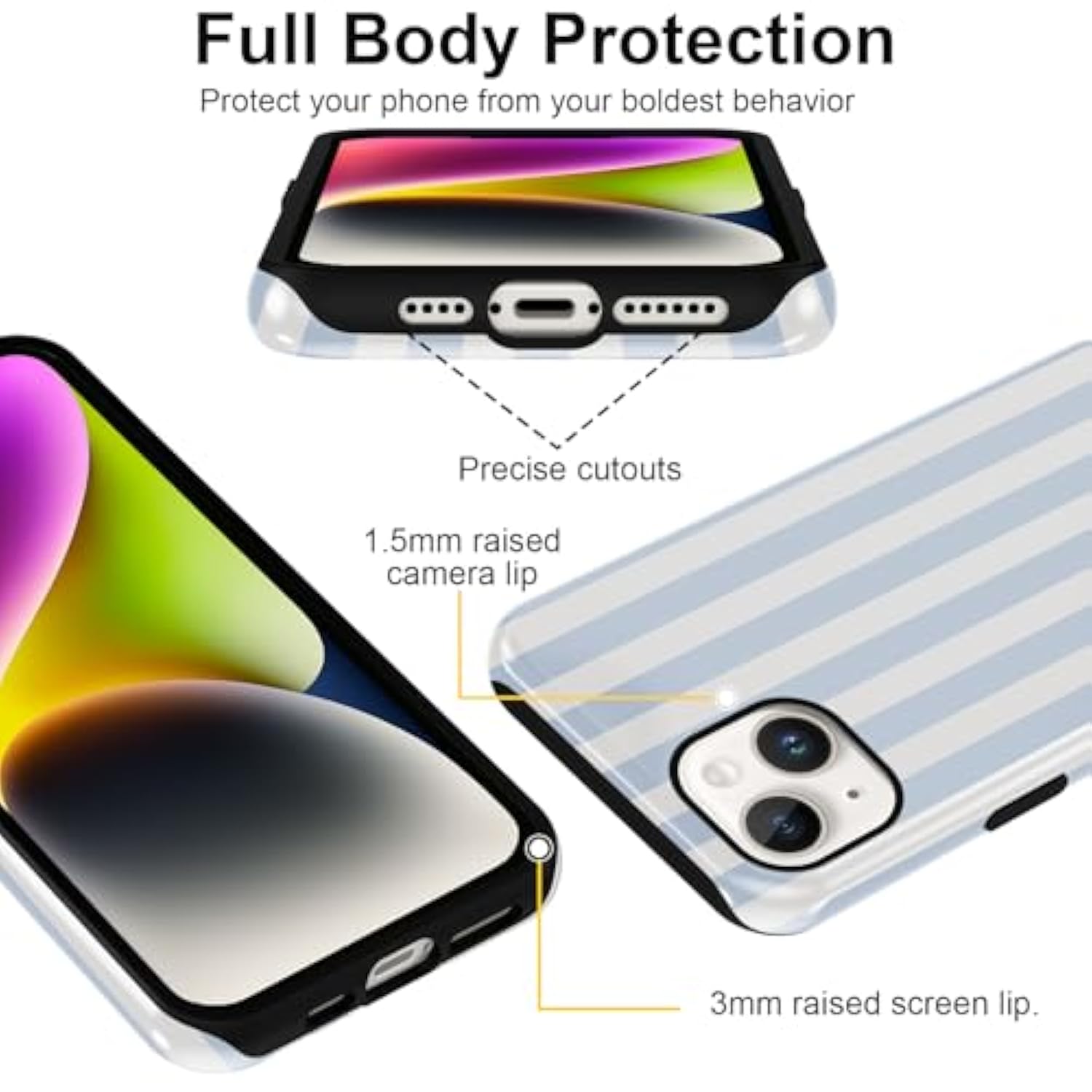 For Iphone 15 Phone Case, Cute White And Light Blue Striped Geometric Lines Pattern Case For Iphone 15, Durable Protective Phone Cover For Women Girl Boy Men