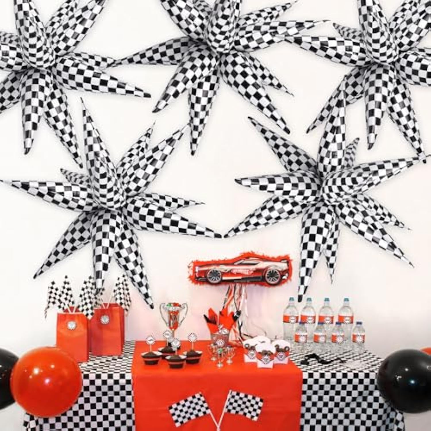 62 Pcs Checkered Star Balloons 12 Spike Foil Racing Birthday Decorations