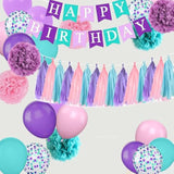 38pcs Teal Purple Pink Birthday Decor with Banner, PomPoms, Tassels & Balloons