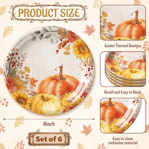 6 Pcs Fall Thanksgiving Pumpkin Melamine Plates 8 x 8 Inch Decorative Plates Reusable Tableware for Indoor and Outdoor Spring Easter Party, Perfect for Dessert, Salad, and Dinnerware