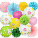 Spring Hanging Decorations – 14 Pack Pastel Bunny & Daisy Paper Lanterns, Pom Poms & Fans – Spring Decorations For Classroom, Office, Birthday