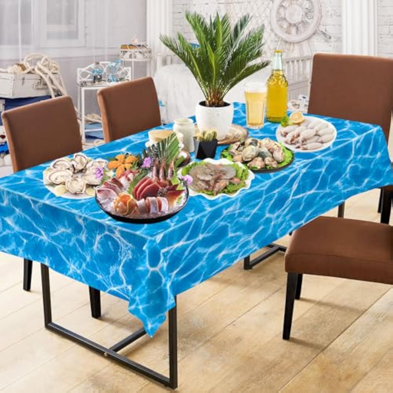 3 Pieces Ocean Tablecloth - Under The Sea Ocean Waves Table Cloths, Plastic Rectangle Blue Water Print Table Cover For Beach Pool Birthday Party Decorations Tables Decor Supplies Favors, 108 X 54 Inch