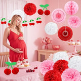 Cherry Party Decorations Hanging Paper Honeycomb Cherry Themed Party Decorations With Paper Pom Poms Honeycomb Balls,Party Supplies For Baby Shower Birthday Party Wedding