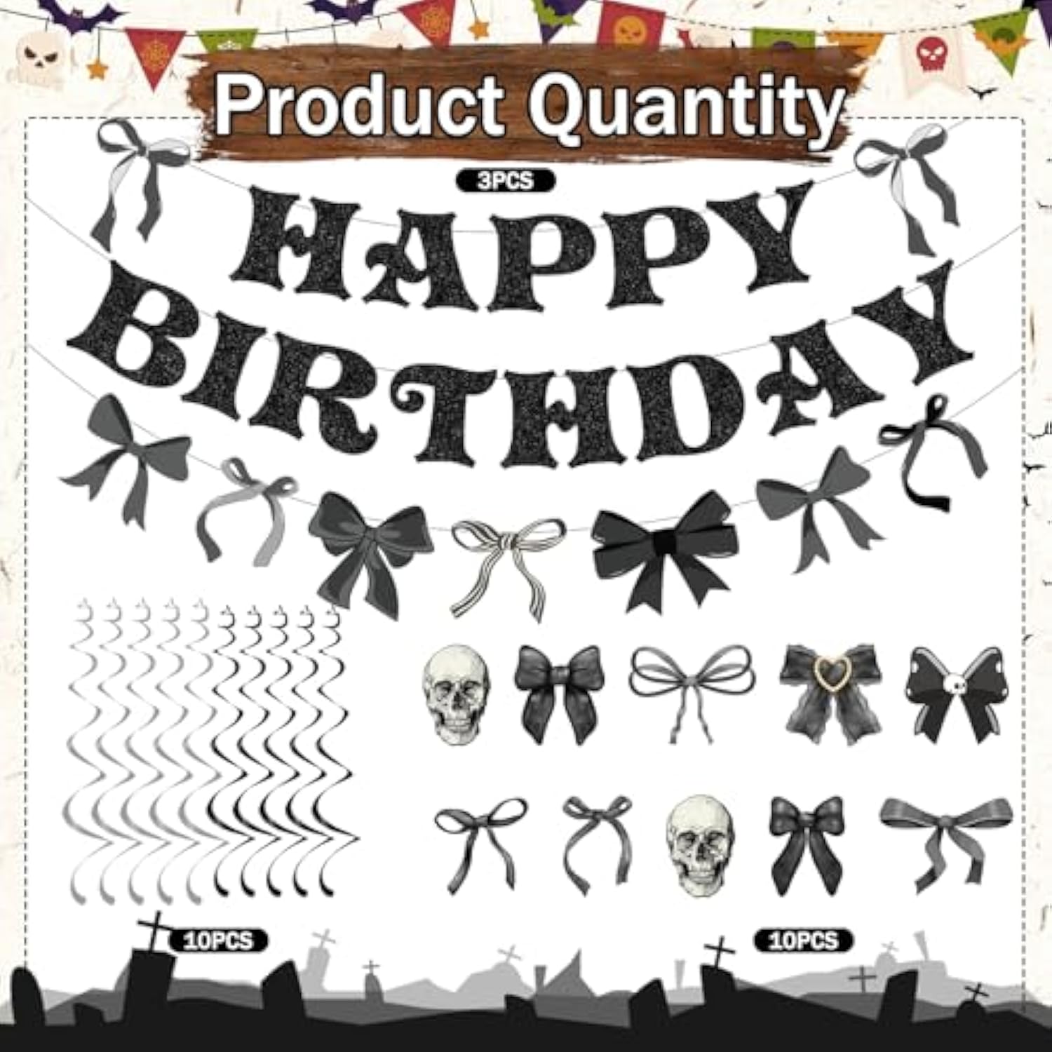 Black Bow Party Decorations - 13Pcs Gothic Birthday Decorations Skull Skeleton Goth Party Supplies For Girls Women Black Bow Coquete Happy Birthday Banners Hanging Swirls