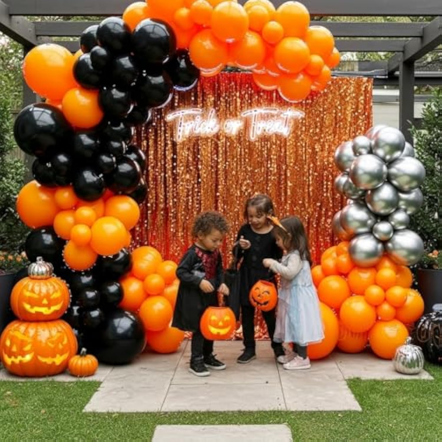 133Pc Halloween Balloon Arch Kit – Orange Black Silver Garland Decorations