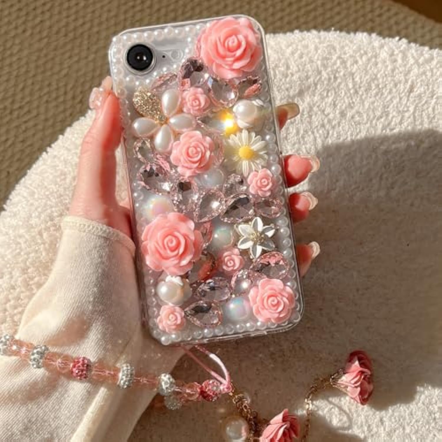 For Iphone 16E Glitter Bling Case,Cute Girly Luxury 3D Sparkle Crystal Rhinestones Flowers Diamond Pearl Gems With Lanyard Wrist Strap Women Girls Phone Case For Iphone 16E 6.1" 2025 (Pink)