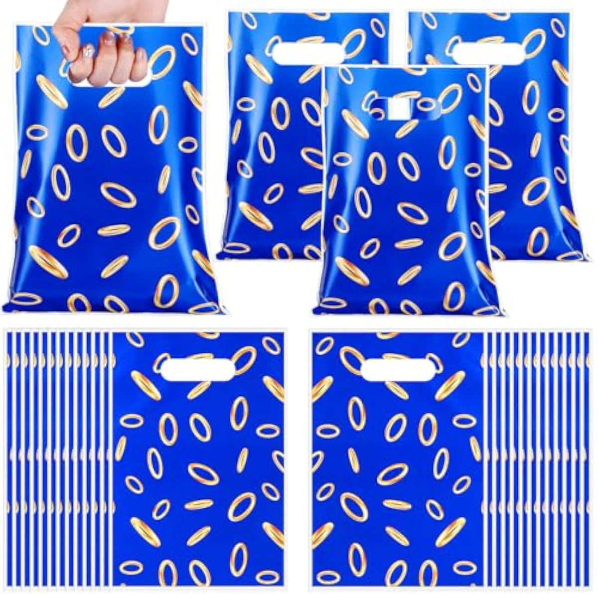 40 Pcs Video Game Party Favors Bags Blue With Gold Ring Print Themed Goodie Bags Candy Snack Treat Plastic Supplies For Birthday Game Party Decorations Gifts
