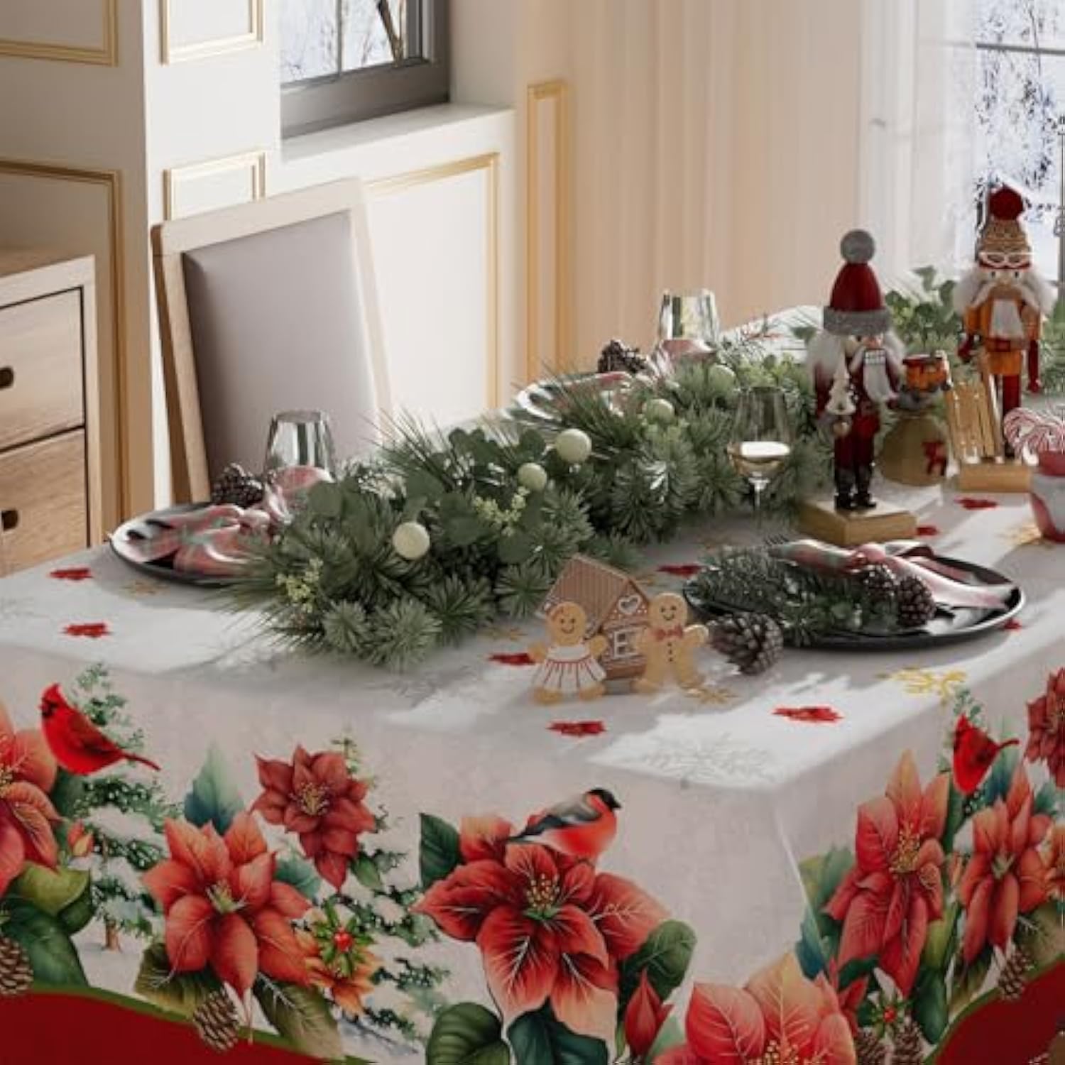 Poinsettia Cardinal Winter Tablecloth 60x84 Inch Washable Christmas Decor