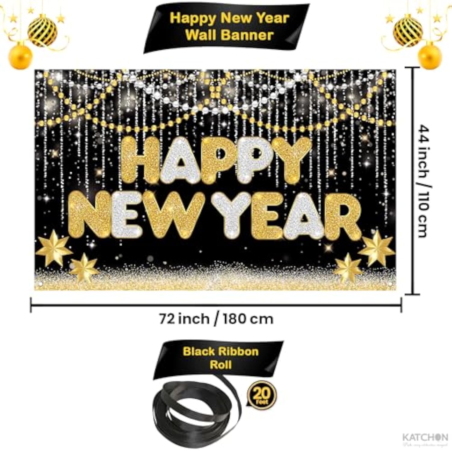 44pcs New Year 2026 Decorations Gold Black Balloons Banner Party Set