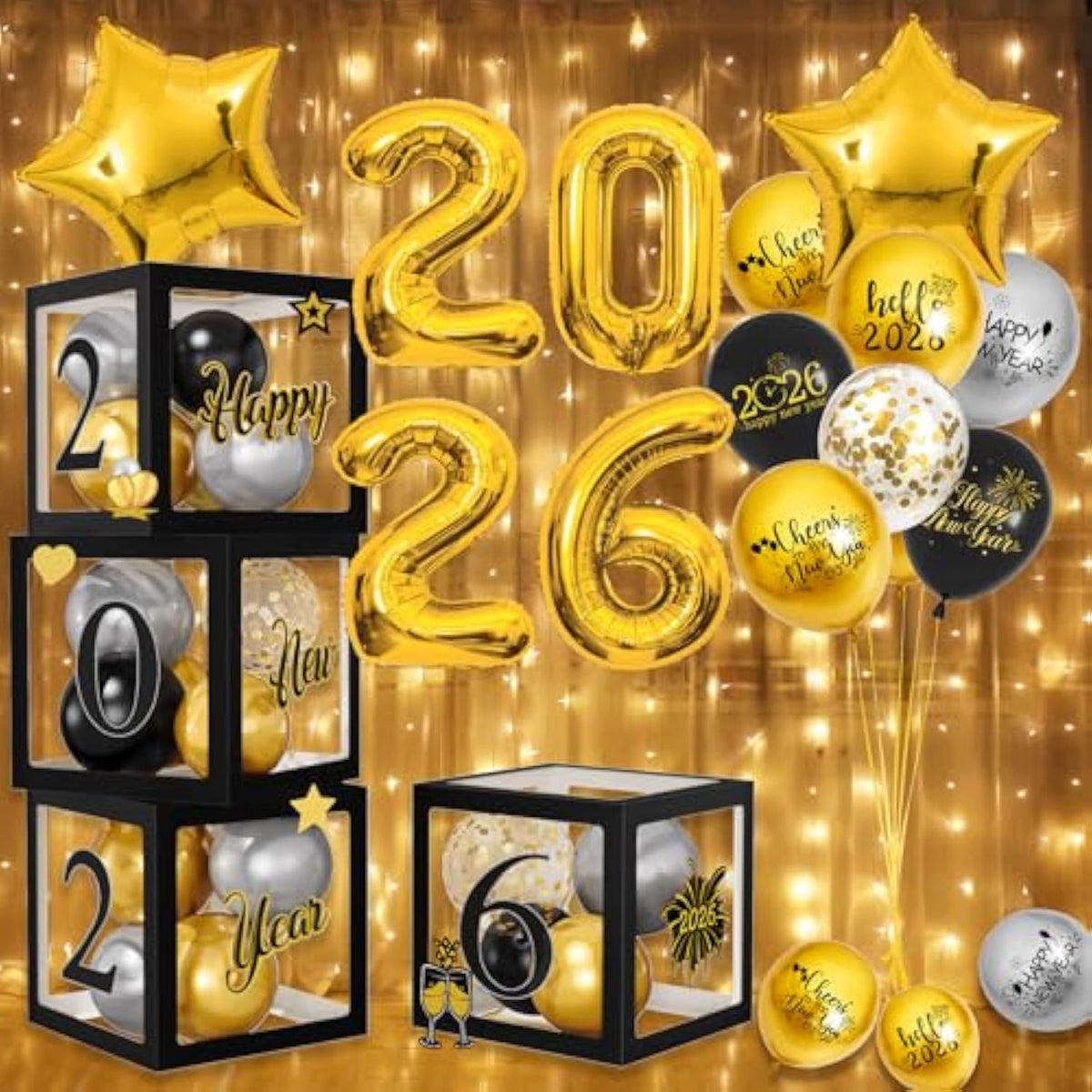 4-Pack 2026 New Year Balloon Boxes with Black Gold Balloons Letters Numbers