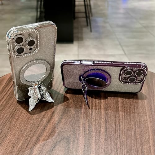 Magnetic Glitter Case for iPhone 16 Pro Max,[Compatible with MagSafe] Bling Sparkly Diamond with Camera Protector&Butterfly Kickstand&Makeup Mirror