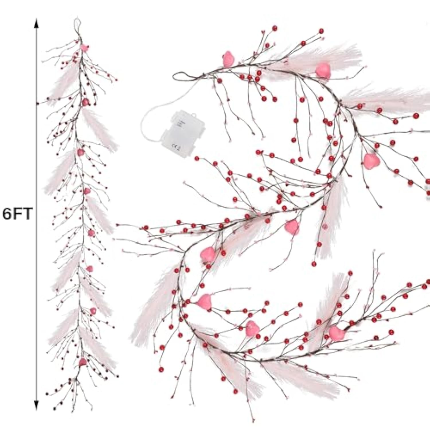 Valentines Garland, 6 Ft Lighted Garlands For Mantle With Heart Lights Pink Feather Red Berry, Pre-Lit Valentine Decorations For Fireplace Indoor Outdoor Home Table Party Wedding