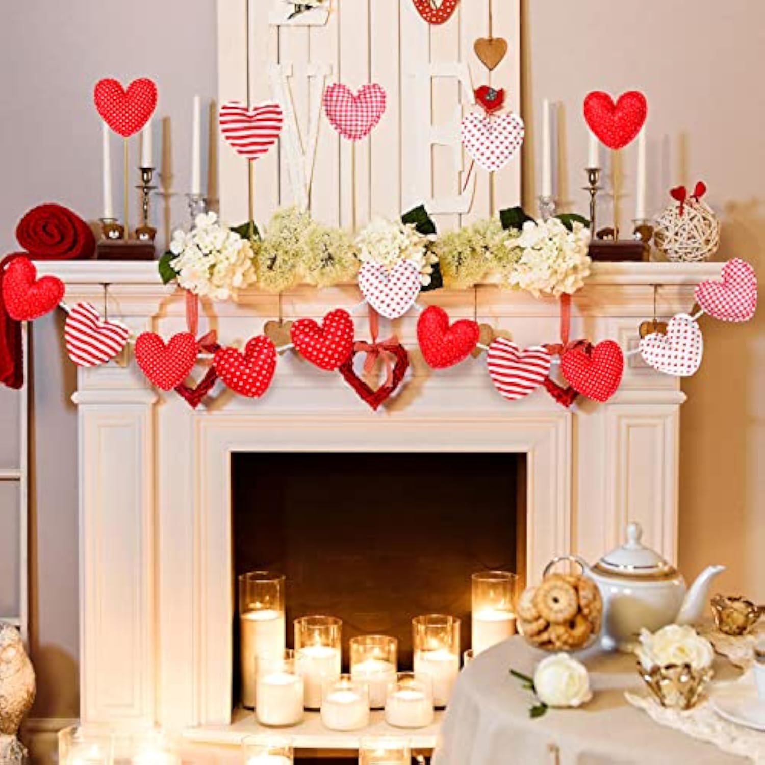 18 Pcs Valentine'S Day Fabric Heart Ornaments For Tree 3.5 Inch Fabric Hanging Garland Decoration Baubles Stripe Polka Dot Red Heart Ornaments With 6.56Ft Rope For Crafts Wedding Party Diy
