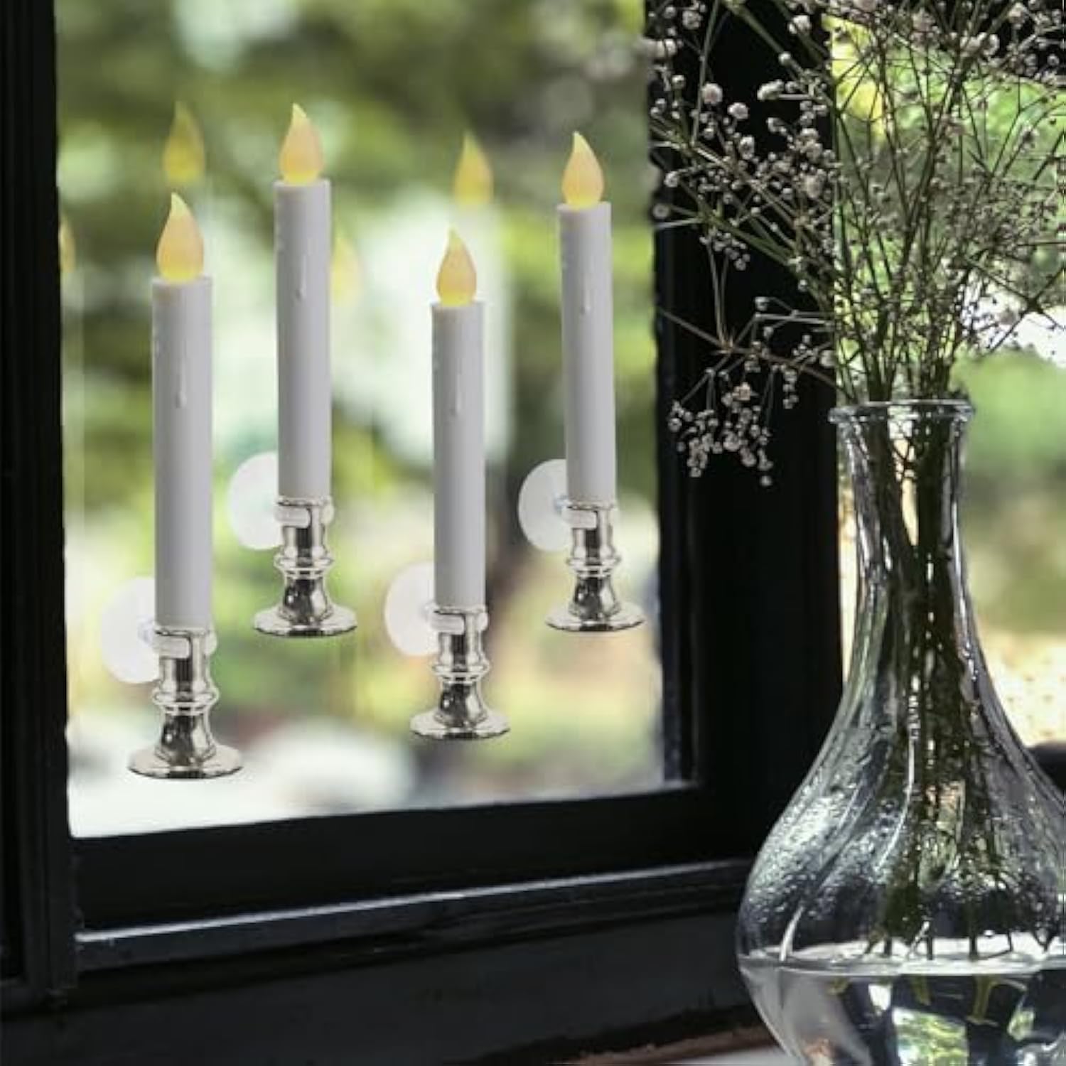 Christmas Window Candles With Silver Holders - 8 Pack, Suction Cups, Remote & Batteries Included, Flickering Led Lights, 4/8 Hour Timer, Flameless Christmas Candles For Holiday Window Décor
