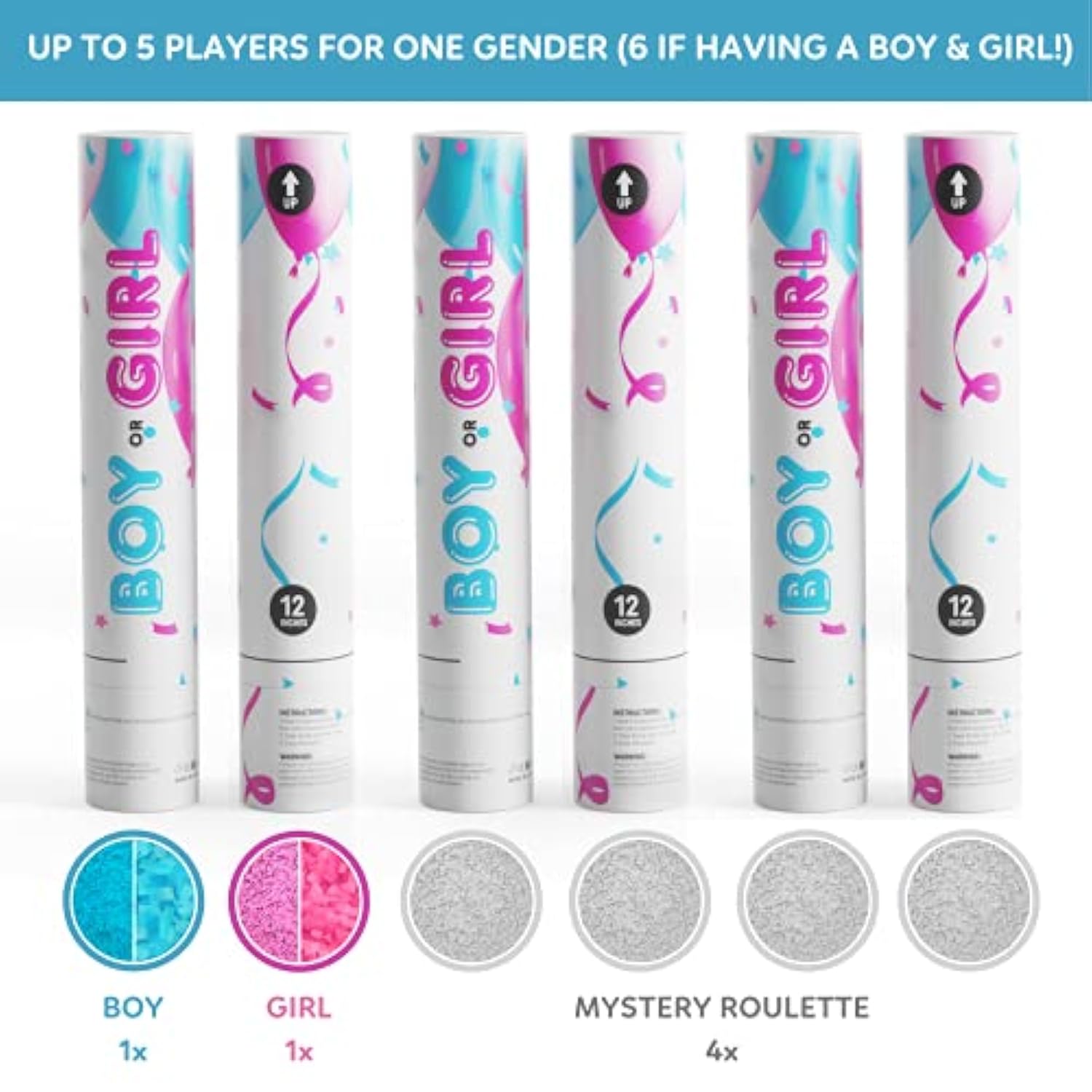 Gender Reveal Roulette Game Kit (Blue, Pink & White) Fool Proof Confetti & Powder Cannons | 100% Biodegradable | 12 Inch | Party Poppers For Boy Or Girl Baby Shower Decorations