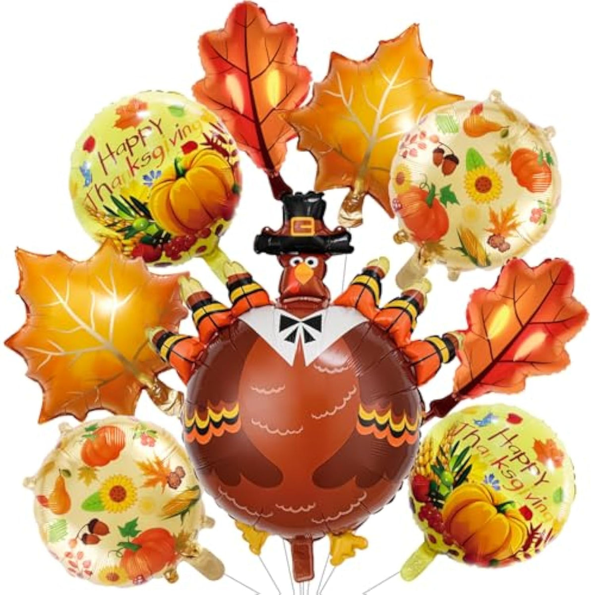 Thanksgiving Foil Balloons: Turkey, Maple Leaf, and Pumpkin Party Decor (Set of 9)