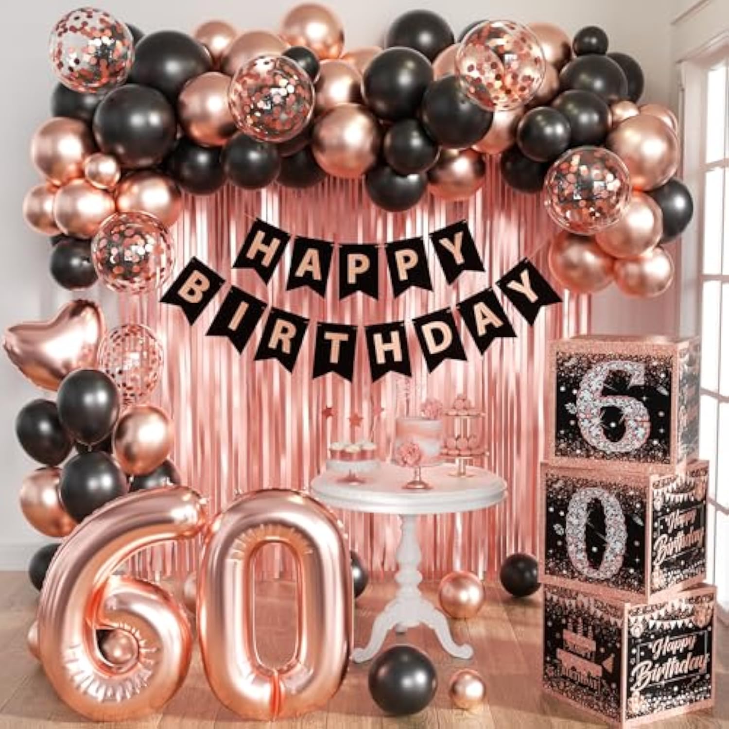 Rose Gold 60Th Birthday Decorations For Woman,Birthday Decorations For Women Girls Black And Pink Balloon Boxes Birthday Party Favors