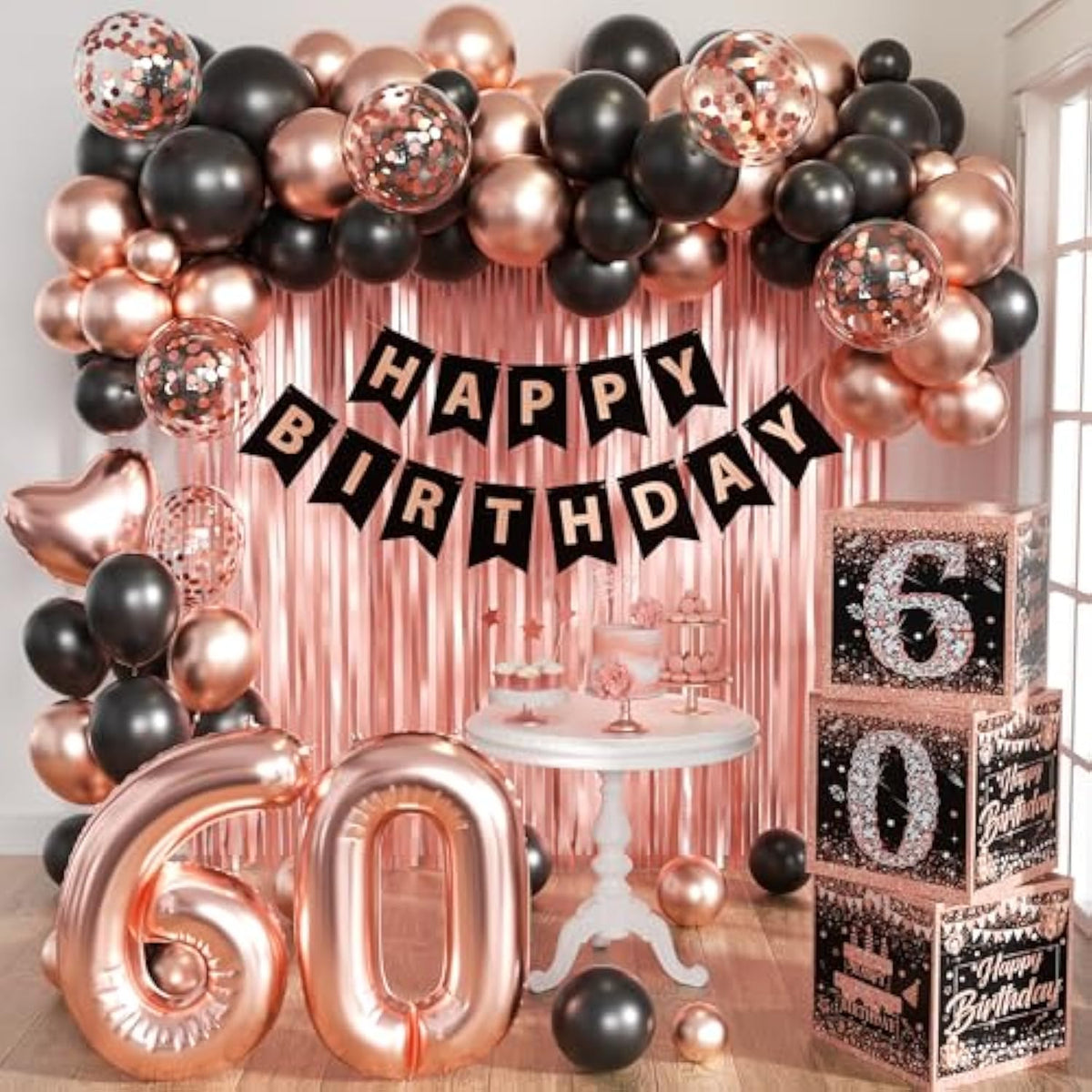 Rose Gold 60Th Birthday Decorations For Woman,Birthday Decorations For Women Girls Black And Pink Balloon Boxes Birthday Party Favors