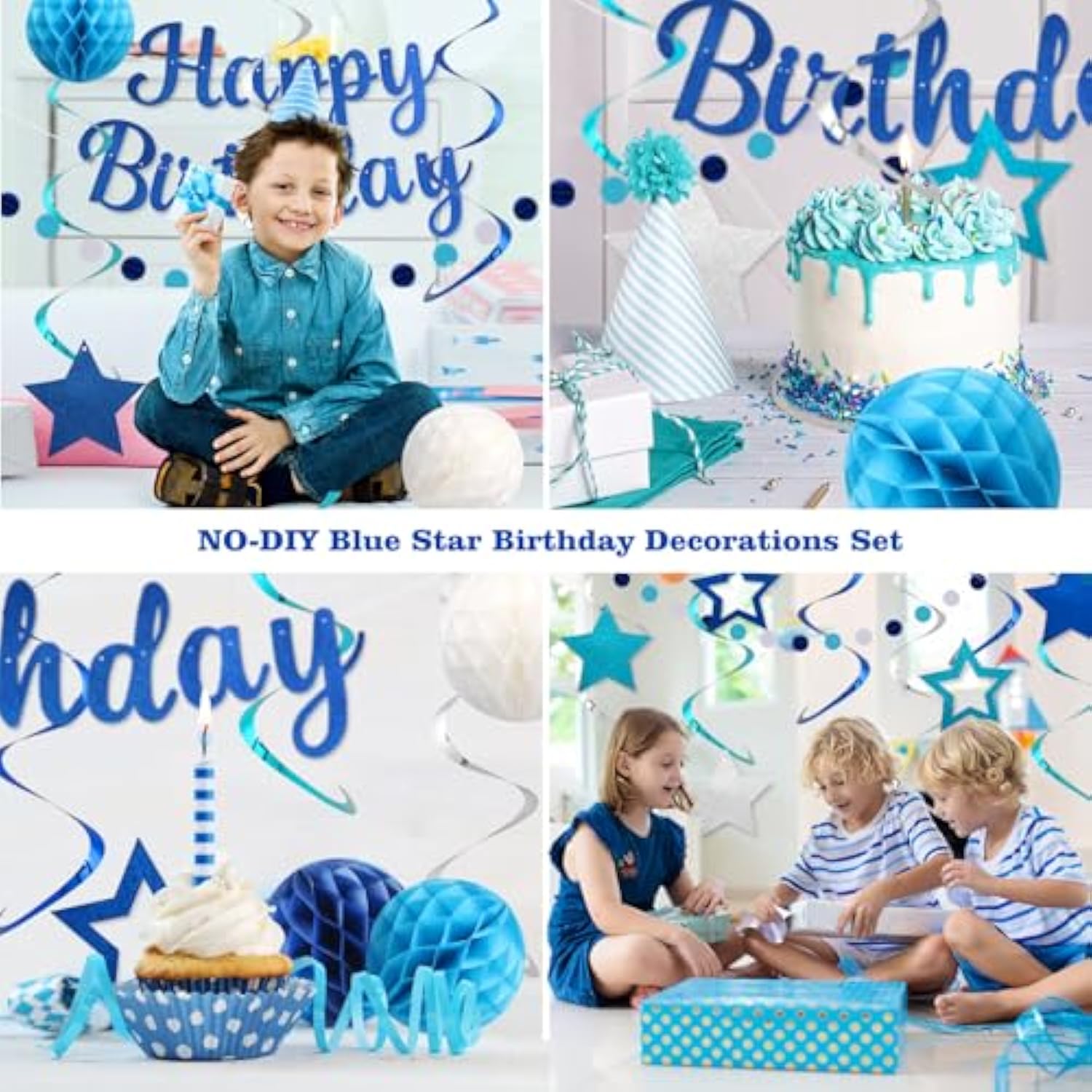 Birthday Decorations, No Diy, Pre-Strung Happy Birthday Banner With Honeycomb Balls, Hanging Swirls, Circle Dots Garland, Party Decorations For Women Men Boys Girls (Blue)