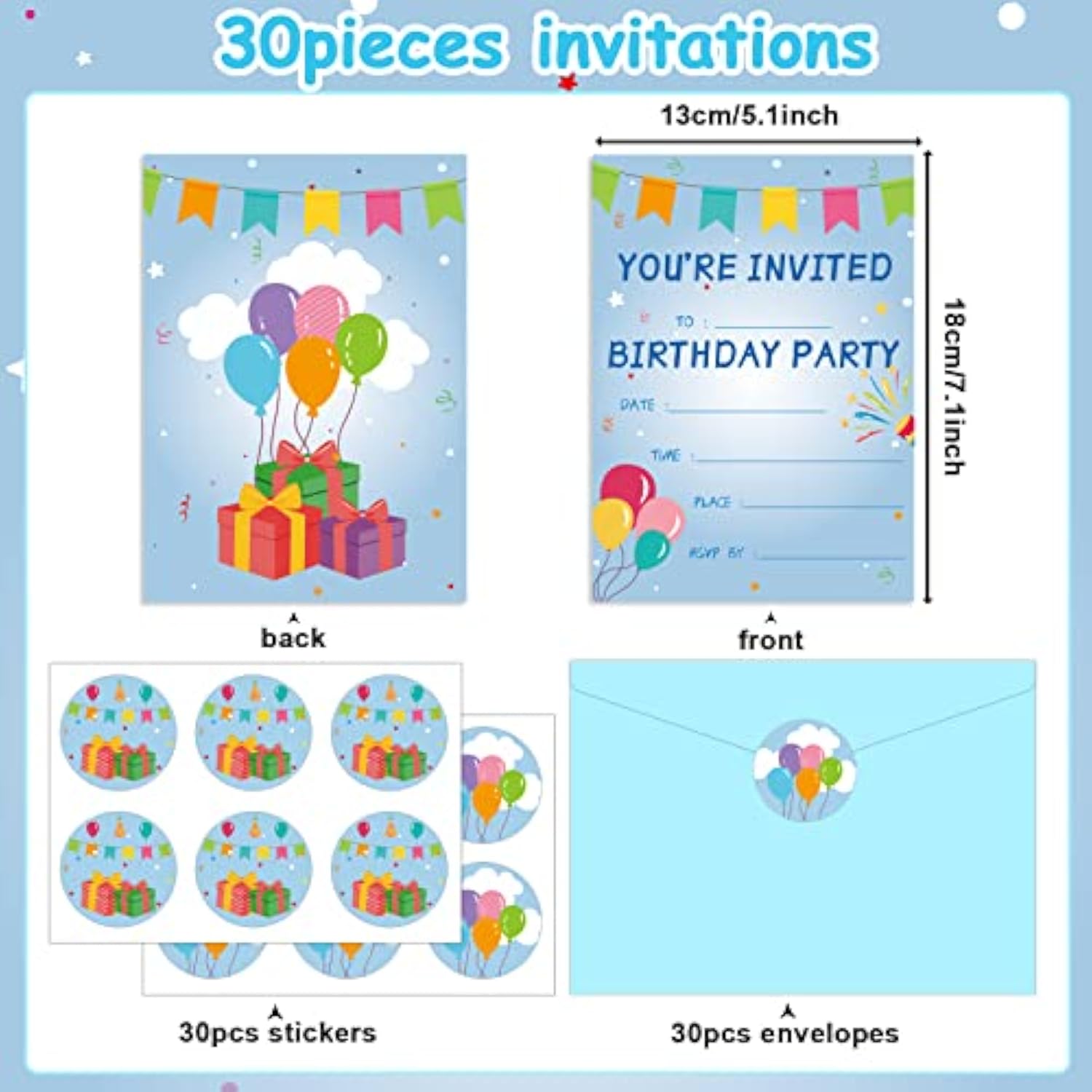 30 Pack Birthday Party Invitations Set Boys Girls Kids Invite Cards With Envelopes Printed Birthday Invitations Supplies With Sticker Labels Decorations For Surprise Party Baby Shower Boys Party