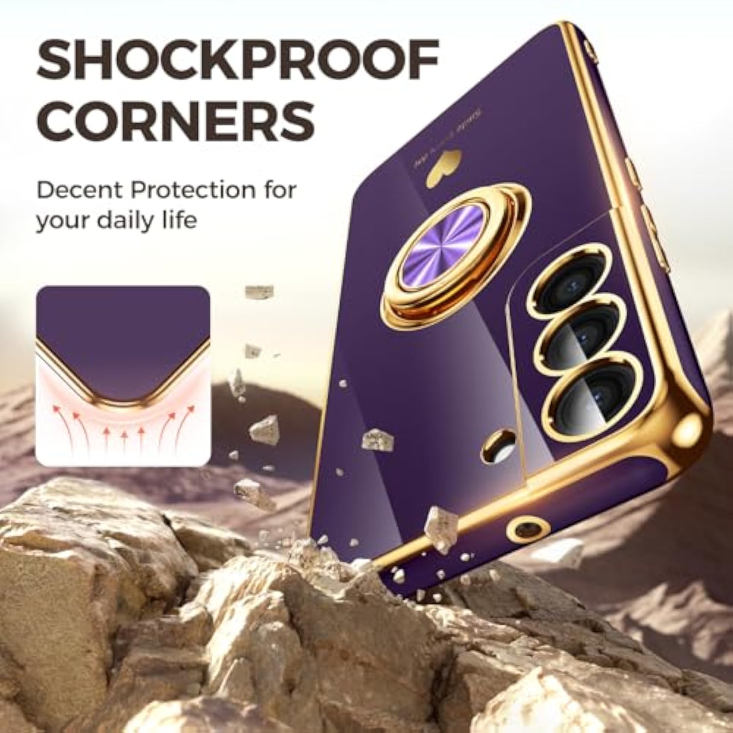 Luxury Gold Edge Plating 360° Rotatable Ring Holder Case for Samsung Galaxy S22 5G - Purple