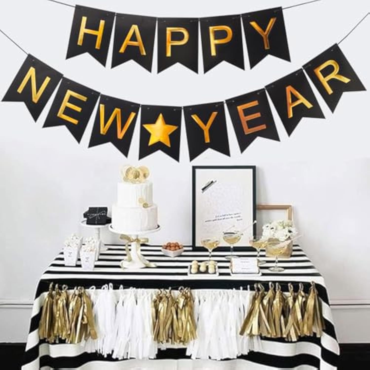 Black Gold Happy New Year 2026 Banner Party Decorations