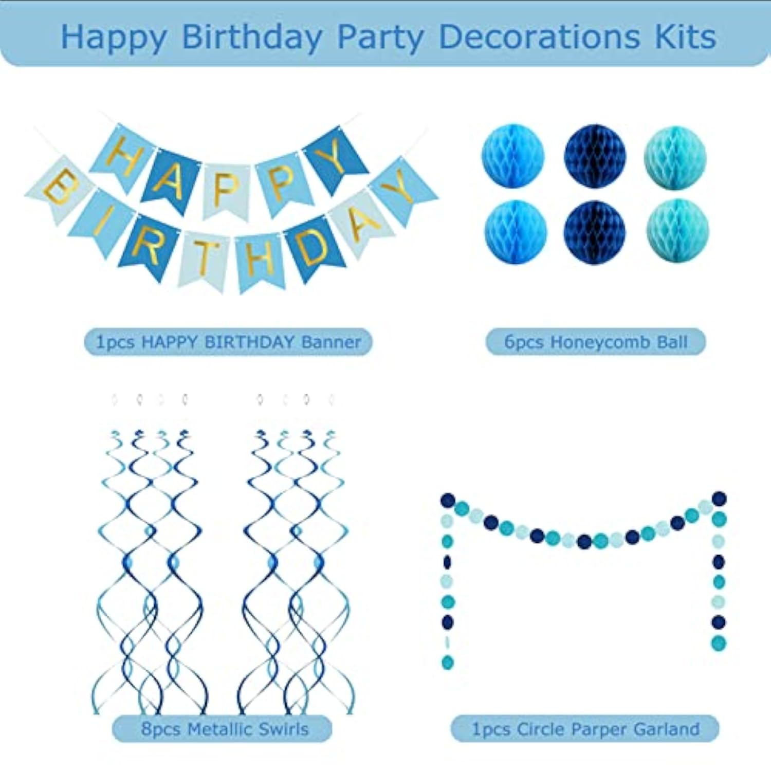 Blue Birthday Decorations Banner Honeycomb Balls Circle Garland Hanging Swirls