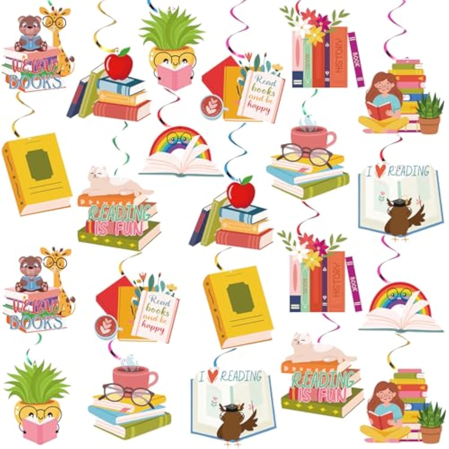 22 Pcs Books Hanging Swirls Decorations Reading Party Garlands Banner Ceiling Book Themed Wall Ornament For Birthday Baby Shower Library School Club Celebrating Events Supplies Decor