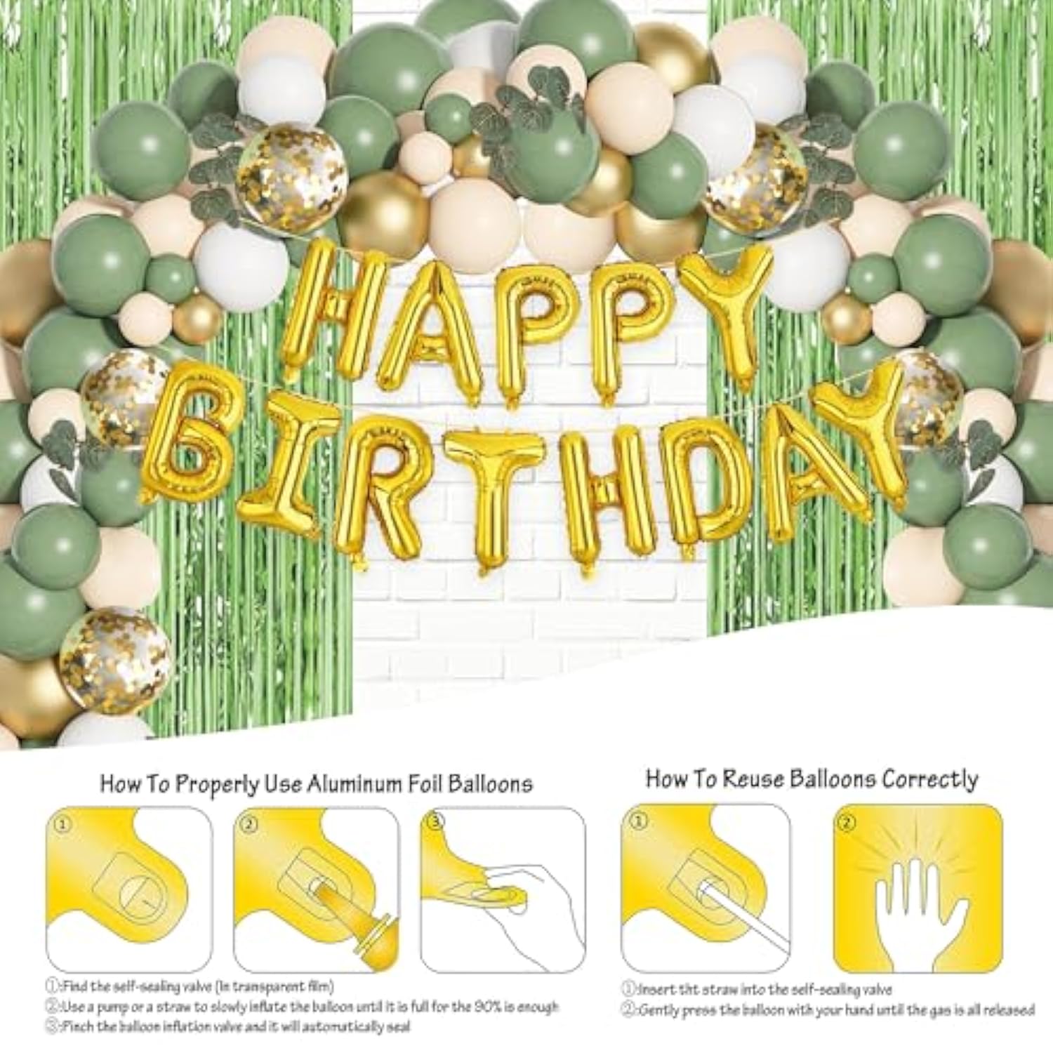 Sage Green Birthday Decorations - Balloon Garland Kit Arch, Happy Birthday Banner, Green Fringe Curtain Tablecloth & Decor For 10Th, 13Th, 16Th, 18Th, 21St & 30Th Birthdays