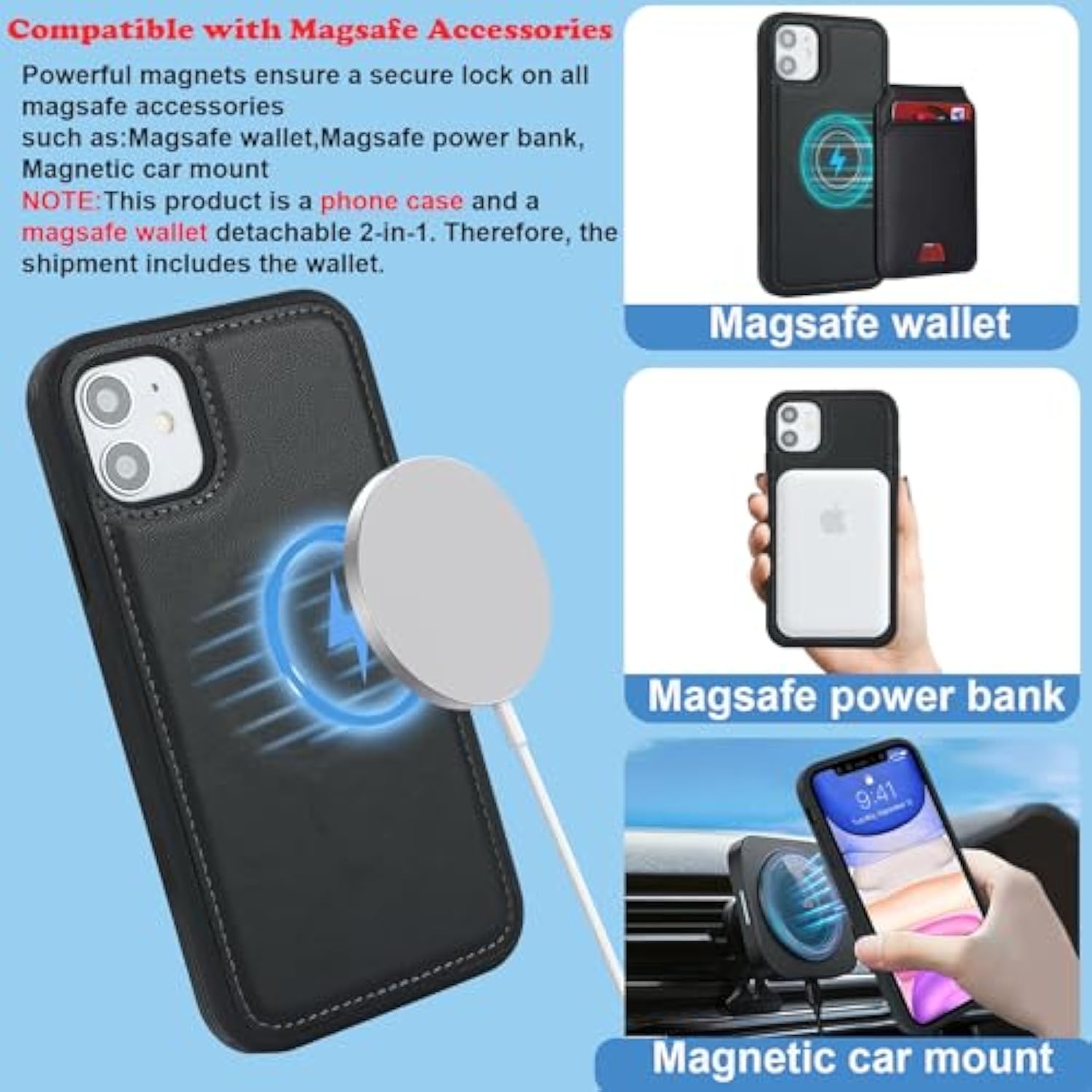 For Iphone 11 Case 2 In 1 Detachable Magnetic Wallet With Card Holder Magsafe Compatible Stand Phone Case Credit Card Slots Pu Leather For Women Men-Black