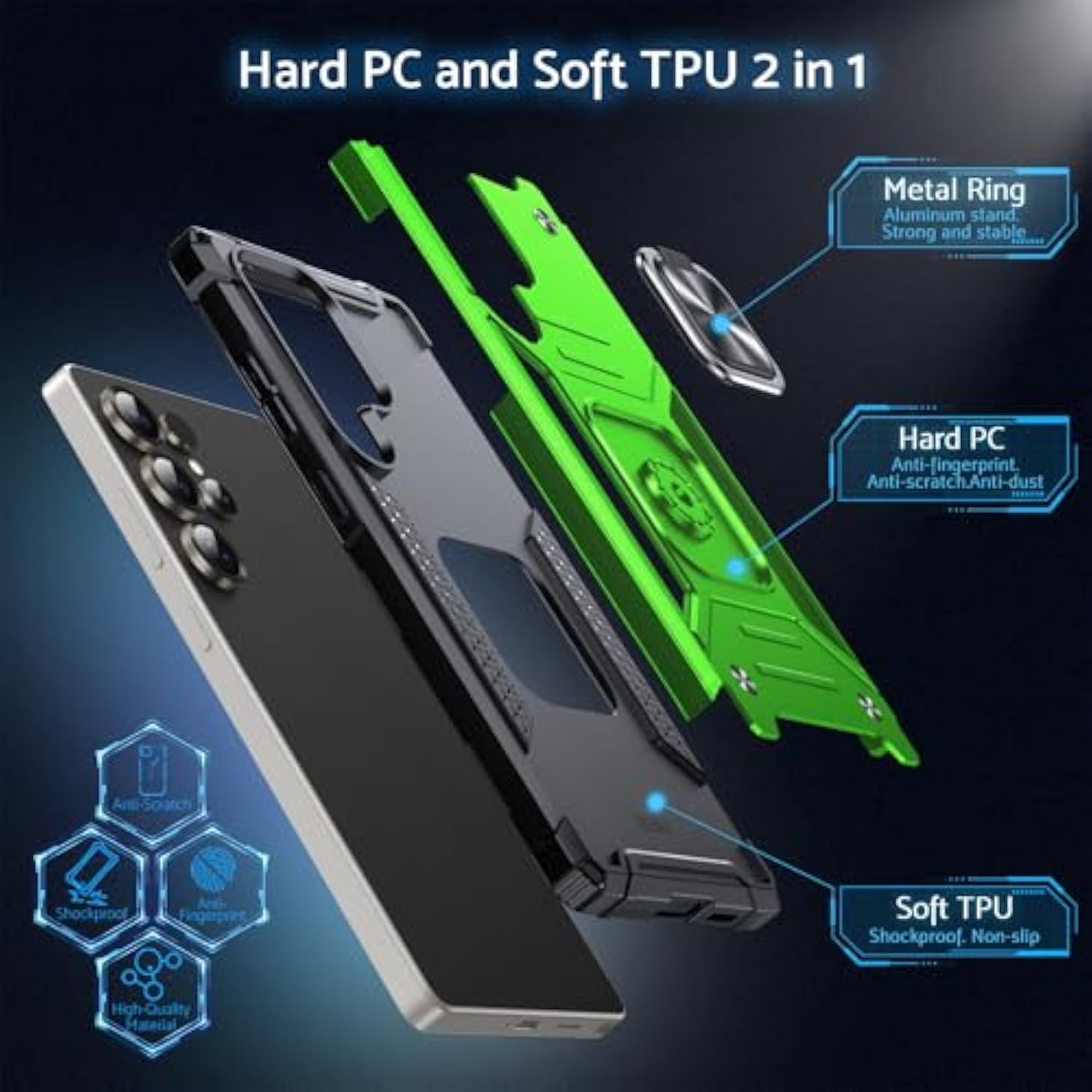 Galaxy S25 Ultra Case, Military Grade Shockproof Protective Phone Case Cover With Enhanced Metal Ring Kickstand [Support Magnet Mount] Compatible With Samsung Galaxy S25 Ultra, Grass Green