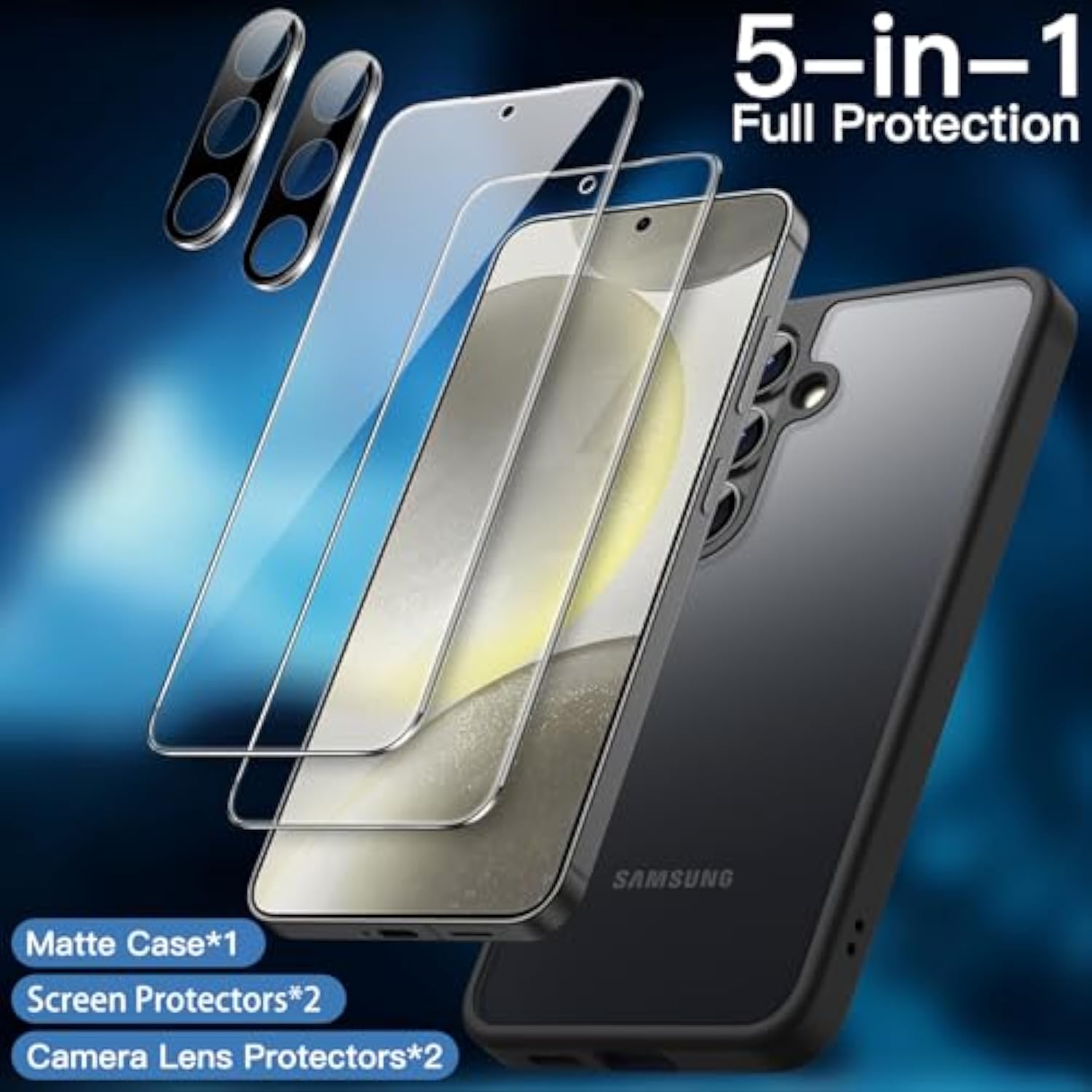 JETech 5 in 1 Matte Case for Samsung Galaxy S24 5G with 2-Pack Screen Protector and Camera Lens Protector, Translucent Back Protective Phone Cover, Tempered Glass Film (Black)