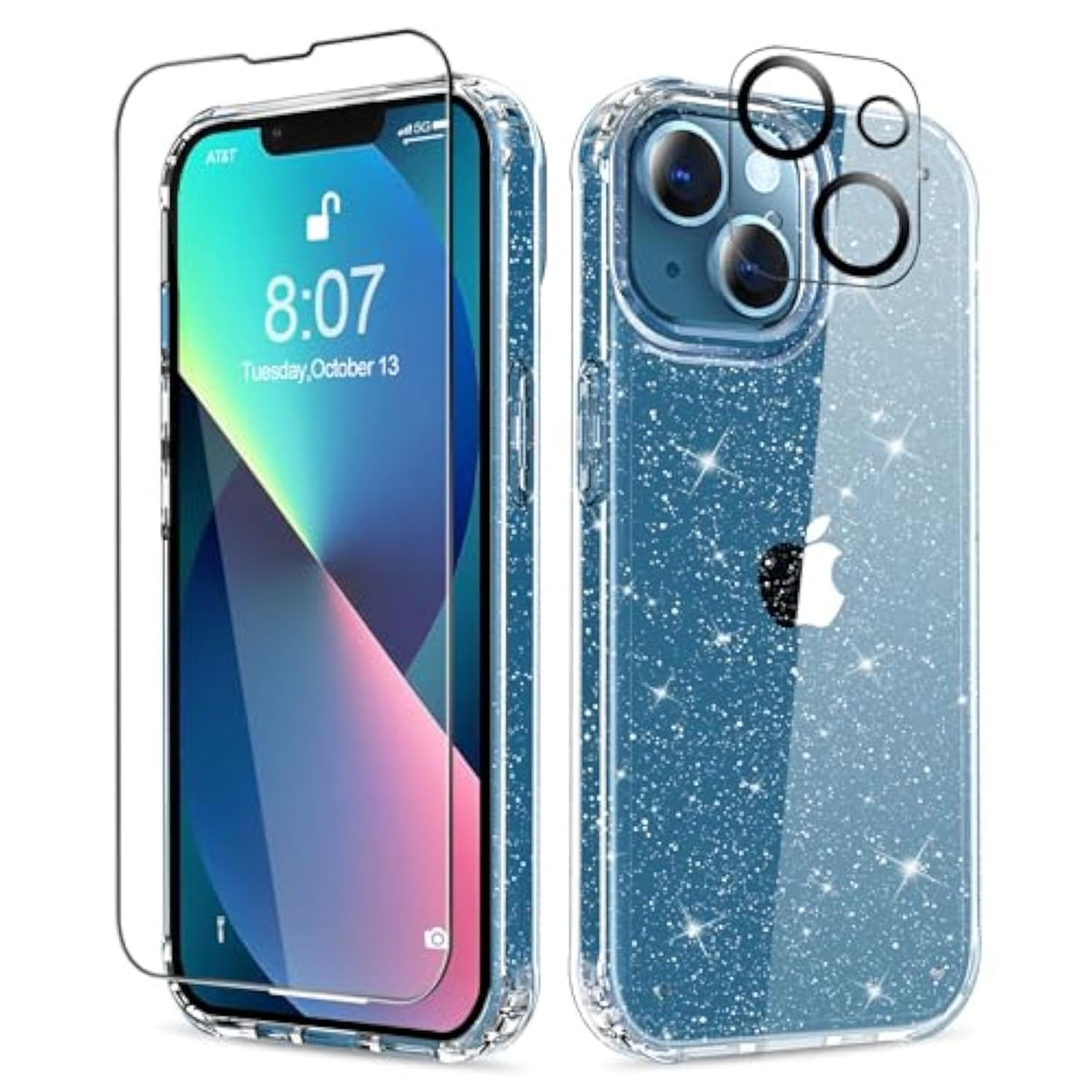 For Iphone 13 Case With Screen Protector + Camera Lens Protector, Clear Glitter [Non Yellowing] Shockproof Protective Phone Case, Slim Women Girls Iphone 13 Cover 6.1 Inch - Sparkle Clear