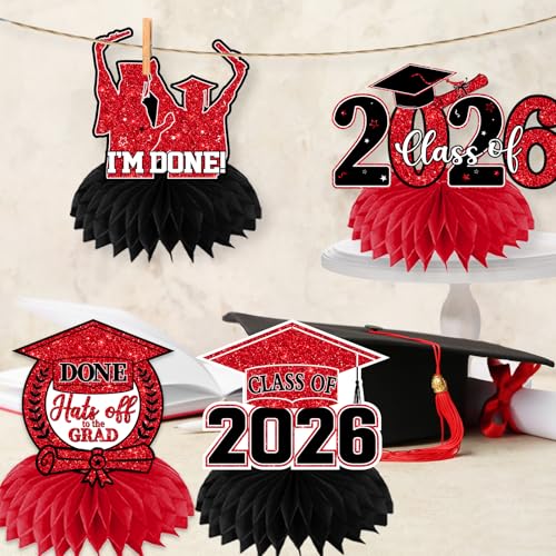 Red and Black Graduation Decorations Class Of 2026 Honeycomb Centerpiece,12pcs Red Graduation Table Decorations Congrats Graduation Centerpieces for Tables